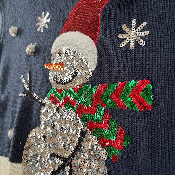 Holiday Time MEDIUM Ugly Christmas Sweater Blue White Knit Sequin Snowman - Picture 4 of 7